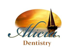 The logo features a serene sunset scene with a sailboat on calm waters, symbolizing tranquility and care. The name Alicia Dentistry is written in elegant cursive script, with Alicia in blue and Dentistry in orange, reflecting warmth and professionalism.